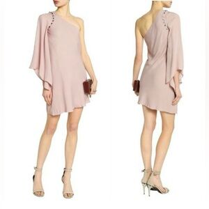 HAUTE HIPPIE Tan Beige One Shoulder Studded "Romance" Cocktail Dress Sz 6